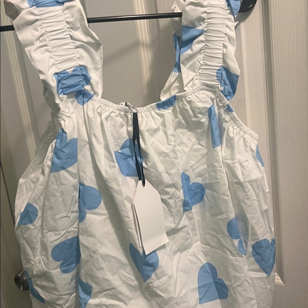English Factory White and Blue Ruched Strap Top